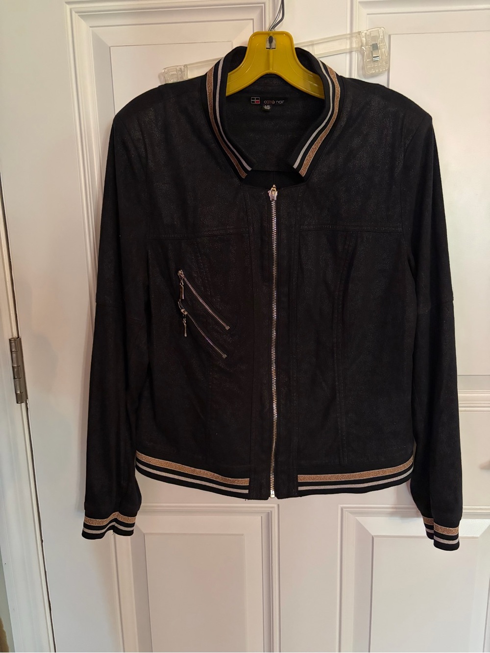 Shimmer black faux suede Bomber Jacket with Contrast Stripe Trim